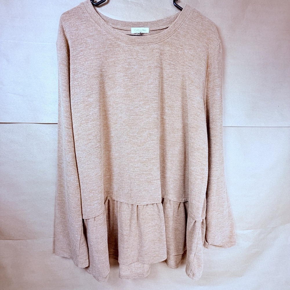 Cotton Bleu Womens XL Beige Tiered Ruffle Tunic Top Long Sleeve Layered